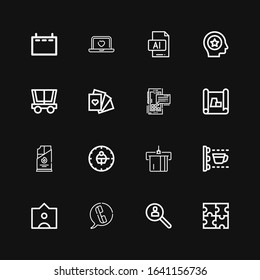 Editable 16 business icons for web and mobile. Set of business included icons line Puzzle, Research, Telephone, Tag, Scan, Atm, Clock, Coal, Scheme, Smartphone on black background
