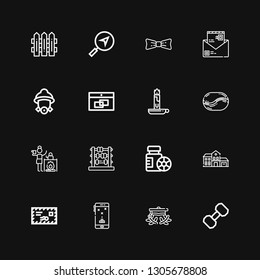 Editable 16 button icons for web and mobile. Set of button included icons line Dumbbell, Graduation cap, Game, Mail, House, Bottles, Abacus, Kettle, Coffee bean on black background