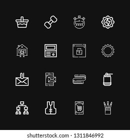 Editable 16 button icons for web and mobile. Set of button included icons line Set, Smartphone, Lifejacket, Hierarchical structure, Drum, Measuring tape, Mail on black background
