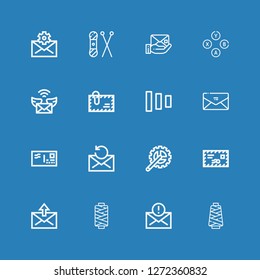 Editable 16 buttons icons for web and mobile. Set of buttons included icons line Thread, Mail, Crank arm, Envelope, Fade buttons, Buttons, Knit on blue background