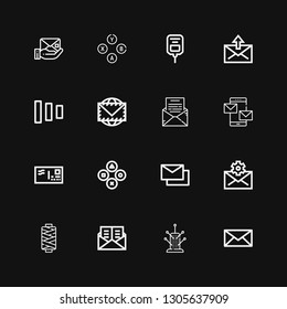 Editable 16 buttons icons for web and mobile. Set of buttons included icons line Mail, Pincushion, Thread, Mails, Buttons, Envelope, Fade Saline on black background