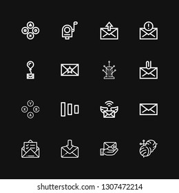 Editable 16 buttons icons for web and mobile. Set of buttons included icons line Knitting, Envelope, Mail, Fade buttons, Pincushion on black background