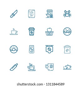 Editable 16 cafe icons for web and mobile. Set of cafe included icons line Coffee pot, Tea, Knife, Coffee bag, Coffee, beans, Donut, Lunch, Cup, Crab on white background
