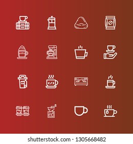 Editable 16 caffeine icons for web and mobile. Set of caffeine included icons line Cup, Coffee cup, Coffee grinder, Coffee machine, Cappuccino, Bean bag, French press on red