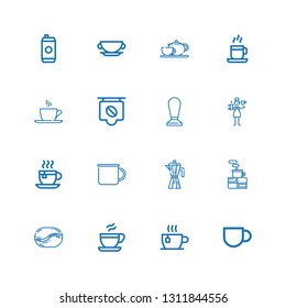 Editable 16 caffeine icons for web and mobile. Set of caffeine included icons line Coffee cup, Cup, Coffee, Coffee bean, maker, Mug, Tea cup, Barista on white background