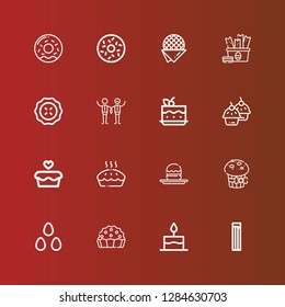 Editable 16 cake icons for web and mobile. Set of cake included icons line Churros, Cake, Pie, Candies, Muffin, Profiterole, Cupcake, Wedding, Snack, Stroopwafel, Doughnut on red