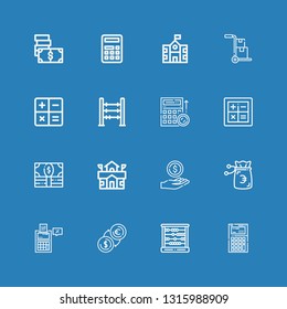 Editable 16 calculator icons for web and mobile. Set of calculator included icons line Calculator, Abacus, Money, Tax, School, Budget, Calculate, Trolley on blue background