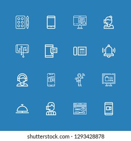 Editable 16 call icons for web and mobile. Set of call included icons line Smartphone, Support, Call center, Bell, Online shopping, Walkie talkie, Alarm, Telephone on blue background