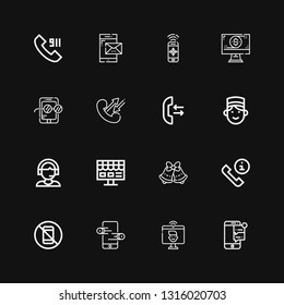 Editable 16 call icons for web and mobile. Set of call included icons line Smartphone, Videocall, Online store, No phone, Phone call, Bells, Online shop, Support on black background