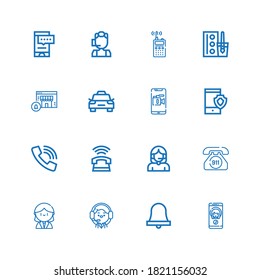 Editable 16 call icons for web and mobile. Set of call included icons line Call, Bell, Operator, Receptionist, Emergency center, Phone, Smartphone on white background