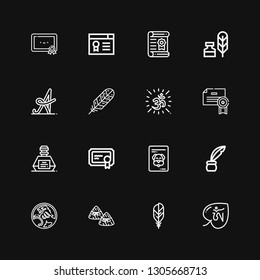 Editable 16 calligraphy icons for web and mobile. Set of calligraphy included icons line Om, Feather, Zongzi, Holden, Inkwell, Certificate, Calligraphy, Writing tool on black background