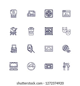 Editable 16 camera icons for web and mobile. Set of camera included icons line Detective, Vhs, Cctv, Cinema, Film, Image, Selfie, Camera, Theater, Image gallery on white background