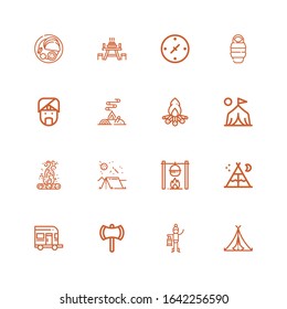Editable 16 camp icons for web and mobile. Set of camp included icons line Tent, Lantern, Ax, Caravan, Bonfire, Camping, Camp, Indian, Sleeping bag, Cardinal points on white background