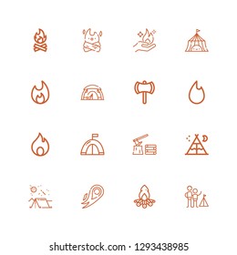 Editable 16 campfire icons for web and mobile. Set of campfire included icons line Camping, Bonfire, Fire, Tent, Firewood, Ax on white background