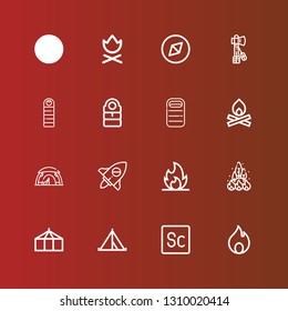 Editable 16 campfire icons for web and mobile. Set of campfire included icons line Fire, Scout, Tent, Adventure, Bonfire, Sleeping bag, Tomahawk, Campfire on red