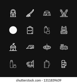 Editable 16 camping icons for web and mobile. Set of camping included icons line Thermo, Hip flask, Backpack, Thermos, Caravan, Fishing rod, Tent, Concert on black background
