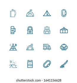 Editable 16 camping icons for web and mobile. Set of camping included icons line Fishing rod, Carabiner, Backpack, Camping, Caravan, Tent, Tinned food, Thermo on white background