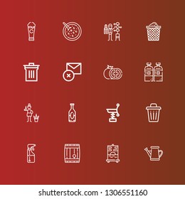 Editable 16 can icons for web and mobile. Set of can included icons line Watering can, Painting, Barrel, Spray, Trash, Spring, Beer, Gardener, Alcoholic drink, Tomato, Delete on red