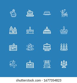 Editable 16 candle icons for web and mobile. Set of candle included icons line Candle, Cake, Voodoo, Candles, Sauna, Birthday cake, Spa, Elixir on blue background