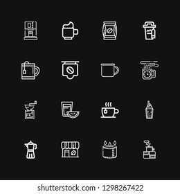 Editable 16 cappuccino icons for web and mobile. Set of cappuccino included icons line Coffee, Cup, Coffee shop, Coffee maker, Tea, grinder, cup on black background