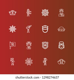 Editable 16 captain icons for web and mobile. Set of captain included icons line Pirates, Pirate, Rudder, Pilot, Police badge, Pirate flag, Sailor hat, Policeman, Ship wheel on red