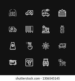 Editable 16 car icons for web and mobile. Set of car included icons line Gas, Trunk, Anywhere, Van, Tuk tuk, Wheel, Washing, Superhero, Oil, Tool box, Delivery truck on black background