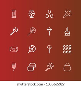 Editable 16 caramel icons for web and mobile. Set of caramel included icons line Candy, Lollipop, Macaron, Sweet, Caramel, Caramelized apple, Candies on red