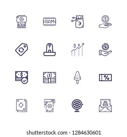 Editable 16 card icons for web and mobile. Set of card included icons line Birthday invitation, Roulette, Money, Card, Voucher, Popsicle, Fountain, Label, Ram on white background