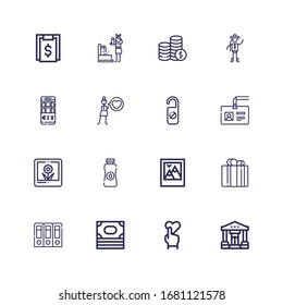 Editable 16 iconos de tarjetas para web y móvil. Juego de tarjetas que incluye iconos línea Banco, Corazón, Dinero, Archivos, Regalo, Foto, Petróleo, Insignia, Hotel, Amor, Cartera, Chino sobre fondo blanco.