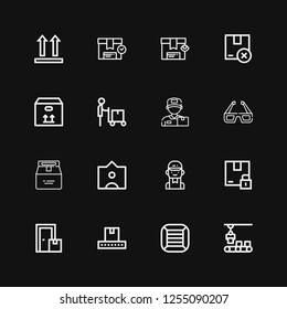 Editable 16 cardboard icons for web and mobile. Set of cardboard included icons line Conveyor, Boxes, Box, Package, Delivery man, Tag, d glasses, Side up on black background