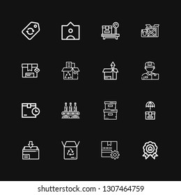 Editable 16 cardboard icons for web and mobile. Set of cardboard included icons line Price, Package, Box, Storage box, Conveyor, Delivery man, Recycling box on black background