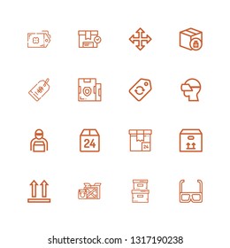 Editable 16 cardboard icons for web and mobile. Set of cardboard included icons line d glasses, Storage box, Package, Side up, Box, Delivery man, Vr glasses on white background