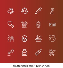 Editable 16 care icons for web and mobile. Set of care included icons line Baby carriage, Vials, Drug, Garden, Bowl, Bath, Grandmother, Gardener, Medicine, Baby, Blood donation on red