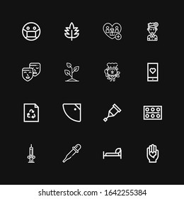 Editable 16 care icons for web and mobile. Set of care included icons line Love, Bed, Pipette, Syringe, Pills, Crutch, Shower, Recycle, Medical app, Dog, Sprout on black background