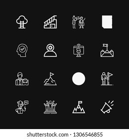 Editable 16 career icons for web and mobile. Set of career included icons line Promotion, Goal, Success, Scientist, Goals, Stairs, Achievement, Employee, Videocall on black background