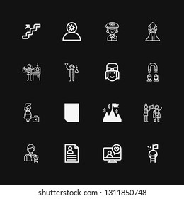 Editable 16 career icons for web and mobile. Set of career included icons line Goal, Videocall, CV, Employee, Motivation, Success, Resume, Dismissed, Headhunting on black background
