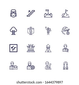 Editable 16 career icons for web and mobile. Set of career included icons line Headhunting, Interview, Employee, Success, Stairs, Scientist, Videocall, Goal on white background