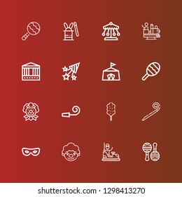Editable 16 carnival icons for web and mobile. Set of carnival included icons line Maracas, Bumper car, Clown, Mask, Party blower, Cotton candy, Party whistle, Maraca, Circus on red