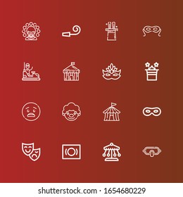 Editable 16 carnival icons for web and mobile. Set of carnival included icons line Mask, Ride, Theatre mask, Circus tent, Clown, Surprised, Magic, Circus, Bumper car, Eye mask on red