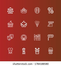 Editable 16 carnival icons for web and mobile. Set of carnival included icons line Disguise, Magic, Free fall, Jester, Eye mask, Amusement park, Clown, Masks, Confetti on red