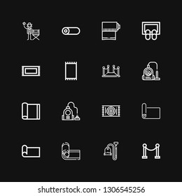 Editable 16 carpet icons for web and mobile. Set of carpet included icons line Red carpet, Vacuum, Yoga mat, Mat, Rug, Doormat, Roll, Actor on black background