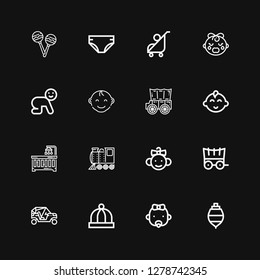 Editable 16 carriage icons for web and mobile. Set of carriage included icons line Spinning top, Baby, Baby hat, Buggy, Carriage, Locomotive, Baby crib, Baby boy on black background