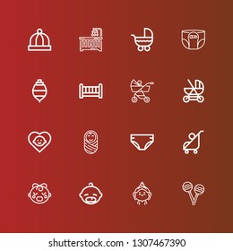 Editable 16 carriage icons for web and mobile. Set of carriage included icons line Rattles, Birthday girl, Baby, Baby girl, Stroller, Diaper, Baby carriage, Crib, Spinning top on red