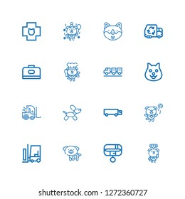 Editable 16 carrier icons for web and mobile. Set of carrier included icons line Dog, Collar, Forklift, Cargo truck, Carrier, Garbage truck, Veterinary on white background