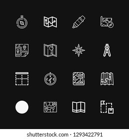 Editable 16 cartography icons for web and mobile. Set of cartography included icons line Route, Map, Compass, Border, Windrose, Marker on black background