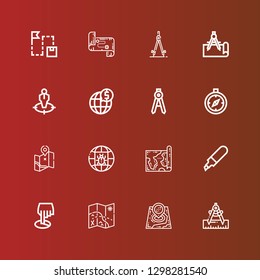 Editable 16 cartography icons for web and mobile. Set of cartography included icons line Compass, Map, Position, Marker, Global, Route on red