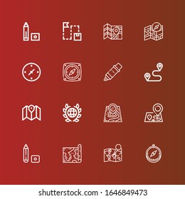 Editable 16 cartography icons for web and mobile. Set of cartography included icons line Compass, Map, Marker, Maps, Global, Route, Cardinal points on red