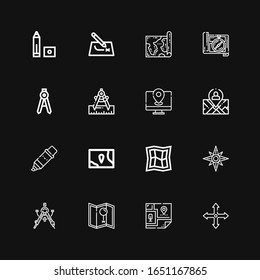 Editable 16 cartography icons for web and mobile. Set of cartography included icons line Position, Map, Compass, Windrose, Marker, Route on black background