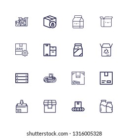 Editable 16 carton icons for web and mobile. Set of carton included icons line Milk, Conveyor, Package, Cardboard, Box, Boxes on white background