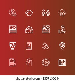 Editable 16 cash icons for web and mobile. Set of cash included icons line Chest, Dollar, Money, Invoice, Riches, Ticket window, Money bag, Cash register, Transfer, Coin on red